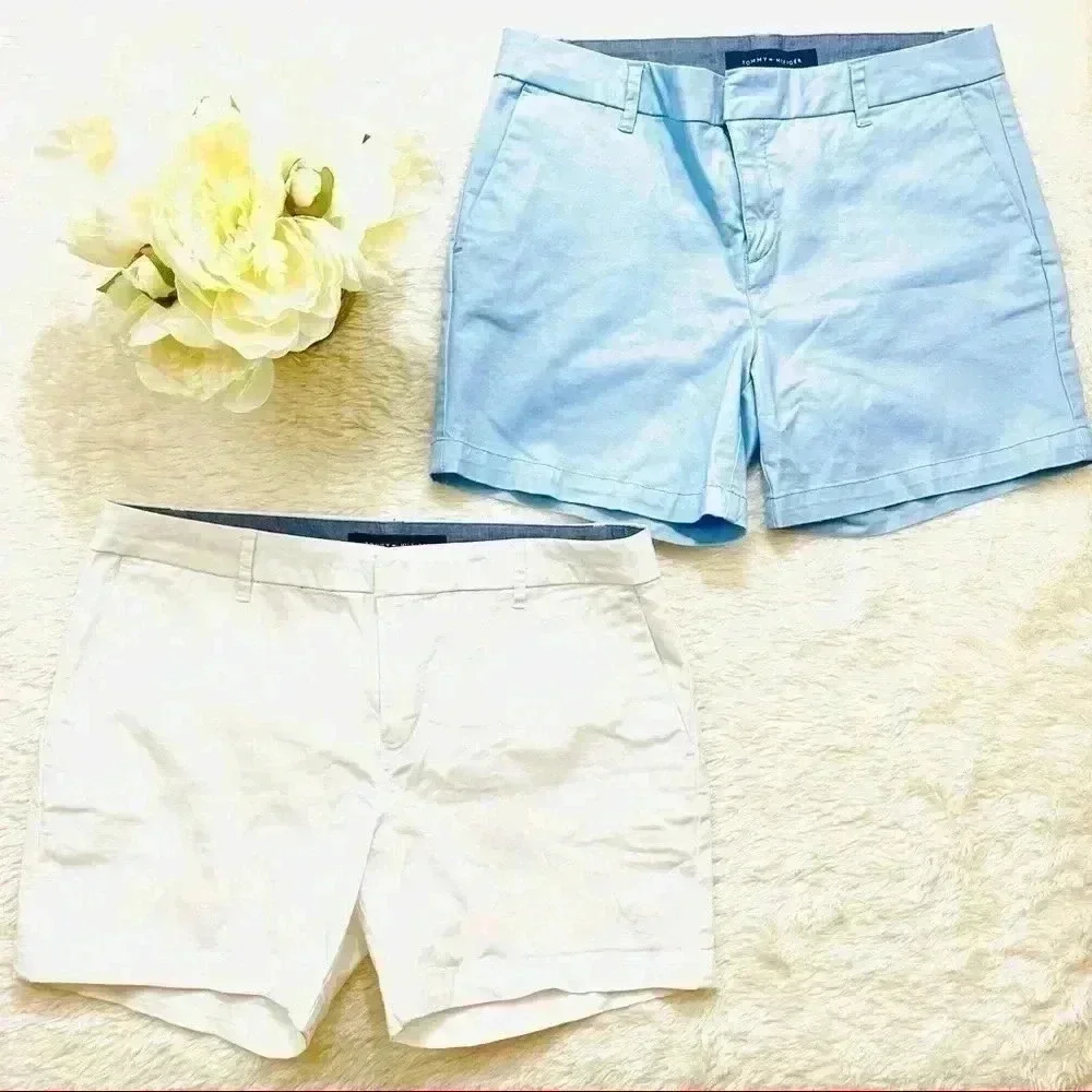 2 Pair of Tommy Hilfiger‎ White & Blue Chino Flat Front Shorts Size 6 & 8